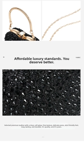 Detailed macro view showing the sparkling black rhinestones and gold chain of the evening bag