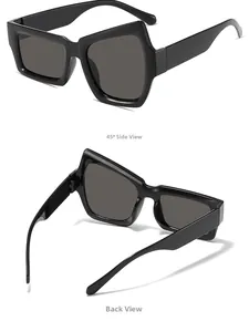 Vues de côté détaillées des lunettes de soleil noires géométriques avec une monture épaisse