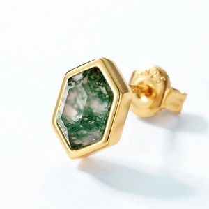 S925 silver gold-plated hexagonal moss agate stud earrings with natural textures
