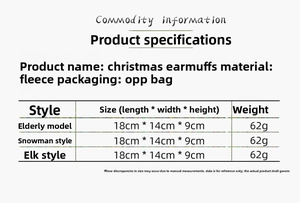Size chart for plush Christmas earmuffs showing Santa and reindeer styles measurements