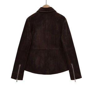 Back view of a dark brown suede shirt jacket with sleeve zippers on a wooden hanger