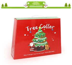 Festive red Tree Collar gift box packaging featuring Santa Claus and Christmas tree patterns