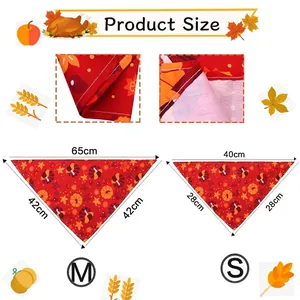 Guide des tailles pour bandanas de chien de Thanksgiving avec dimensions S et M et motifs d'automne