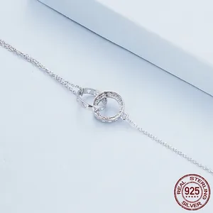Minimalist S925 sterling silver double interlocking ring bracelet with pavé-set zircon