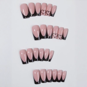 Classic French nude and black heart press-on nails with minimalist square shape design