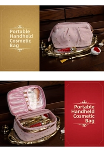Pink velvet makeup bag with gold stars and built-in brush slots for organized storage