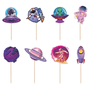 Detailed set of 8 cartoon outer space themed cake toppers featuring astronauts and rockets