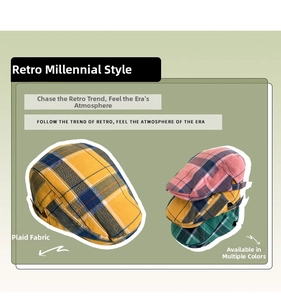 Détails des casquettes plates à carreaux montrant divers motifs rétro et textures de tissus