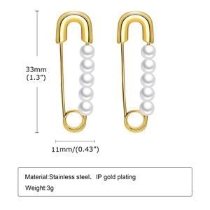 French style gold stainless steel safety pin earrings with white pearls for women