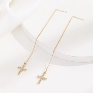 Elegant Cross Threader Earrings Copper Gold Plated Micro-inlaid Zirconia Long Chain Minimalist Jewelry Gift For Women