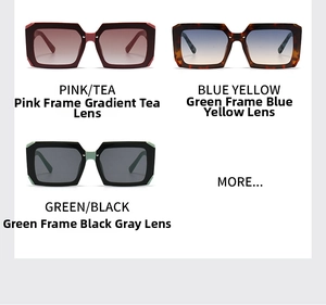 Close-up of modern retro square sunglasses in pink tea, blue yellow, and green black hues