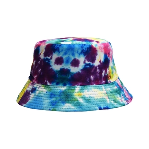 Detailed view of colorful tie-dye bucket hat with reinforced stitching on the brim