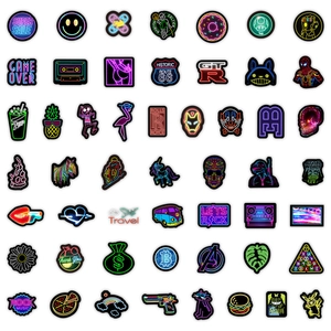 Flat lay of colorful neon style waterproof graffiti stickers for laptops and water bottles