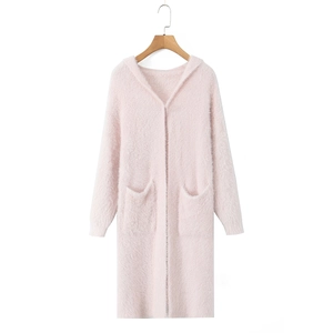 Women's pink mohair hooded cardigan with long sleeves and large functional pockets