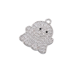 Detailed close-up of a silver ghost pendant featuring clear cubic zirconia and black eyes