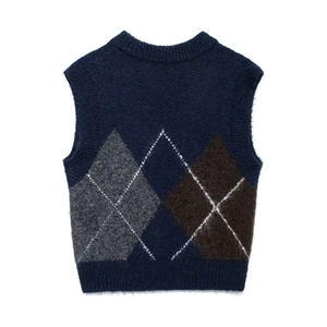 Vintage Strickweste mit Rautenmuster in Dunkelblau aus Wollmischung für Lagenlook