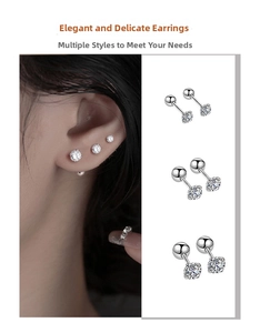 Detail of S925 sterling silver stud earrings with four-prong zircon and screw backs