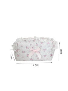 Floral makeup bag size detail 18.5x10x7.5 cm with pink ribbon and white lace trim
