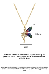 Detailed view of fairy wing pendant with colorful gradient and zircon stones on steel chain
