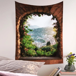 Detail of wall tapestry featuring European seaside town view through a stone arch window