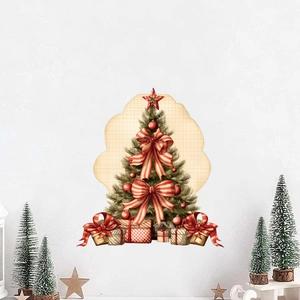 Decorative Christmas tree wall sticker with red bows and gift boxes for holiday home decor