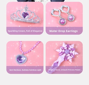 Detail of purple crystal crown, earrings, necklace and snowflake fairy wand set for girls