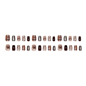 Plaid and leopard print press-on nails with cat eye effect and bow designs, 24 pieces set