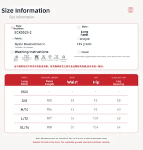 Detailed size guide table for high-waisted wide-leg sports pants with fabric specs