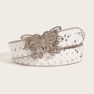 Ceinture blanche en toile avec paillettes argentées et boucle papillon pour femmes