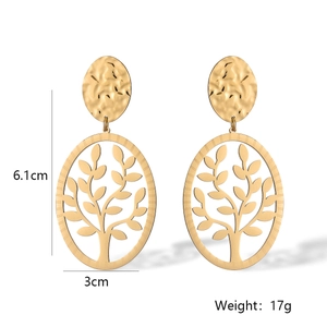 Detailed view of gold plated leaf pendant earrings with size 6.1cm by 3cm and weight 17g