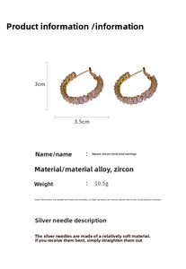 Detail view of square pink zirconia hoop earrings with size and material specifications