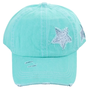 Close-up of mint green washed cotton baseball cap with silver glitter star patches
