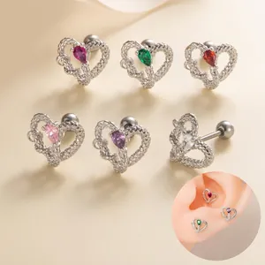 Titanium Steel Heart Stud Earrings Snake Texture With Water Drop Zircon Screw Ball Back Cartilage Piercing Jewelry