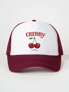 Detailed front view of two-tone cherry print trucker hat with breathable mesh back
