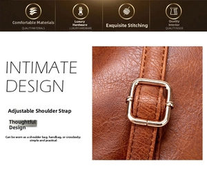 Detail of adjustable shoulder strap on brown leather bag with golden metal buckle