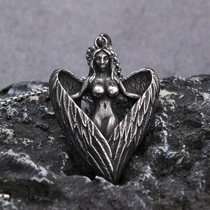 Stainless Steel Angel Wings Goddess Pendant Necklace Vintage Silver Gothic Heart Shaped Mythological Jewelry For Men Women