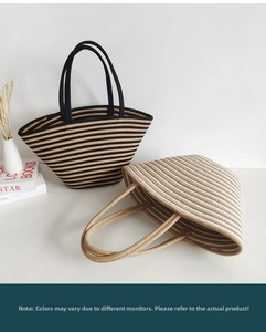 Close-up of contrast striped woven cotton rope tote bags with rustic holiday aesthetic