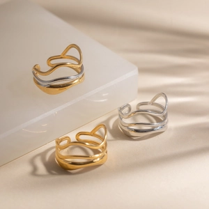 Minimalist multi-layer wavy open rings in gold, silver, and two-tone stainless steel