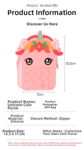 Pink silicone unicorn pop fidget purse detail with dimensions 13.3x11cm and zipper close