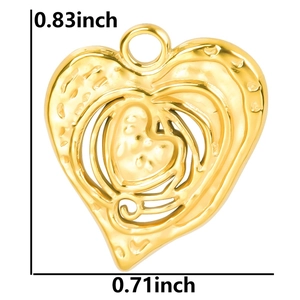 Detailed view of gold hollow heart pendant with dimensions 0.83 by 0.71 inches