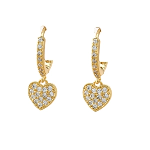 Elegant gold heart earrings with micro-set white zircon stones on white background