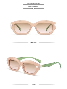 Detail view showing pink geometric frames and green temples of retro outdoor sunglasses