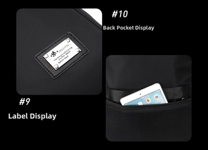 Detail of metal logo plaque and breathable mesh anti-theft back pocket for tablets