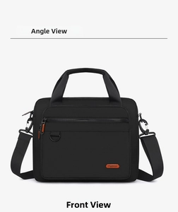 Front view of black business messenger bag featuring a durable nylon finish and logo patch