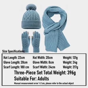 Morandi blaues Winter-Strickset mit Bommelmütze, langem Schal und Touchscreen-Handschuhen