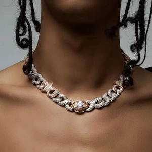 Iced-out Cuban link chain with two-tone star and eye pendant for men hip-hop style