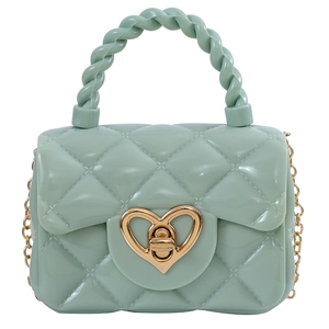 Mini mint green jelly handbag with diamond lattice pattern and gold heart lock