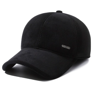 Men's winter corduroy baseball cap in black with warm fleece lining and sports metal tag