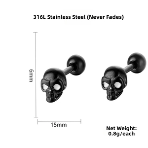 Detail view of 316L stainless steel skull stud earrings with size and 0.8g weight specs