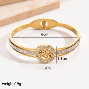 Detail of gold tree of life bangle with rhinestone rows and engraved dimensions